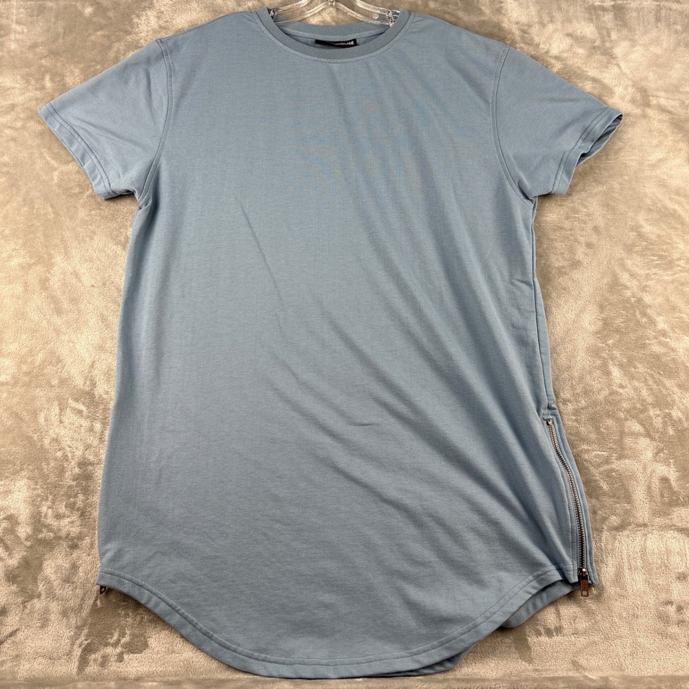 Denim House T-Shirt Mens 2X Blue Side Zipper Curved Hem Longline EUC